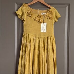 Yellow Pleated Midi Dress with Flutter Sleeves